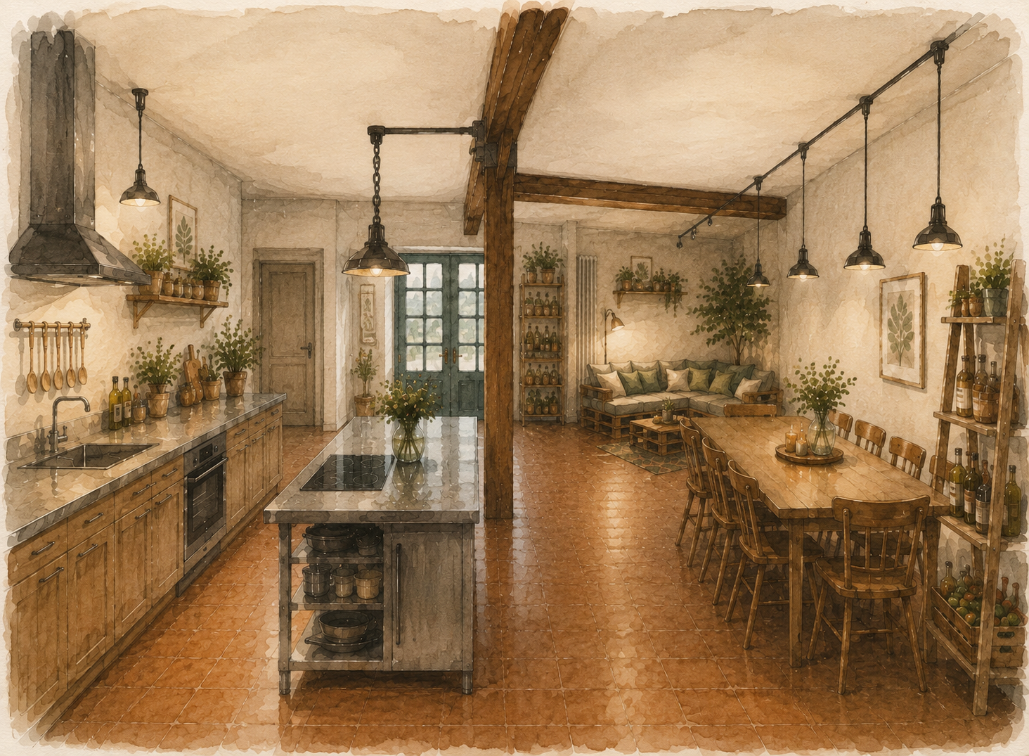 Atelierküche mit langer Tafel und Sitzecke
