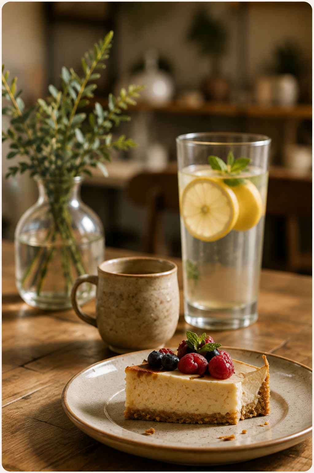 Pflanzlicher Cheesecake mit Beeren und Zitronenwasser